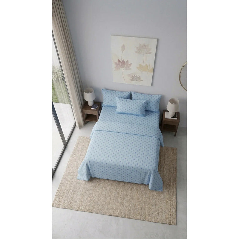 Juego De Sabanas Franela Mariol 100% Algodón King Size Azul Acero Mini Flor Azul