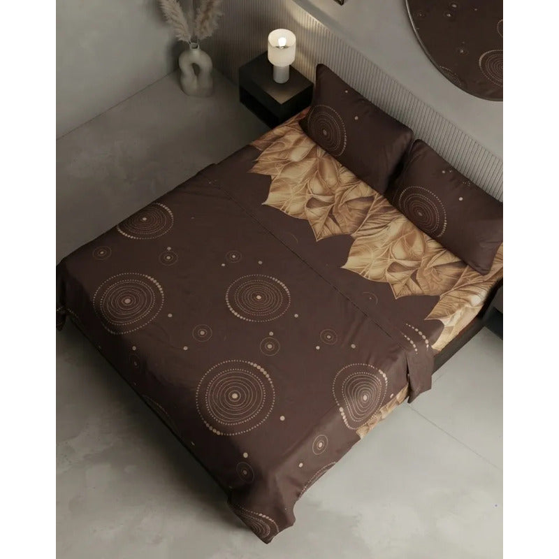 Juego De Sabana Matrimonial Leonora Tacto Suave Y Fresco Chocolate Flor/circular