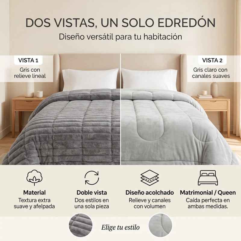 Edredón Matrimonial Acolchado Doble Vista Textura Térmica Gris Piel De Conejo