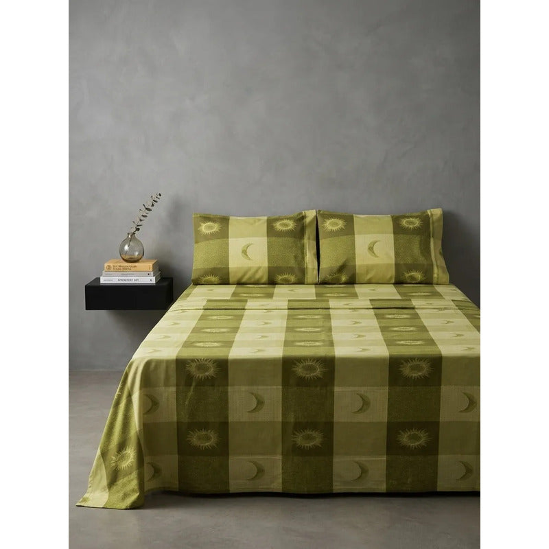 Juego De Sabana Matrimonial 100% Algodón Suaves Y Frescas Verde Soles Y Lunas Verde