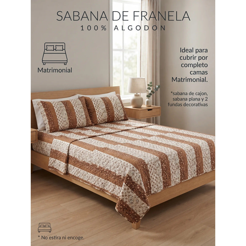 Juego De Sabanas Franela Mariol 100% Algodón Matrimonial Marrón Claro Franja Silvestre