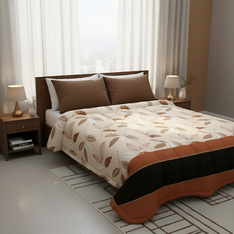Cobertor Doble Vista Micro Grabado Amanecer Matrimonial Hojitas Naranjas Naranja