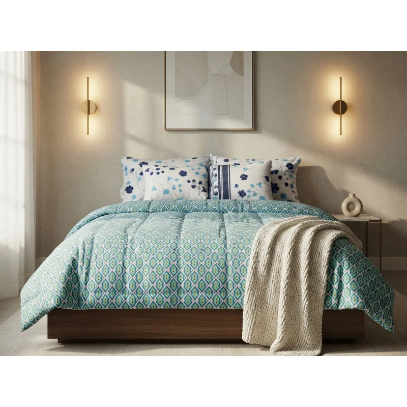 Set 6pzas Edredón Matrimonial Acolchado + Juego De Sabanas Celeste Floral Índigo