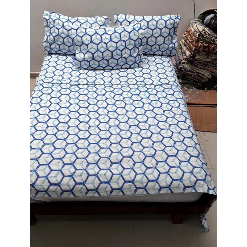 Juego De Sabanas Franela Mariol 100% Algodón King Size Azul Claro Rombo Azul