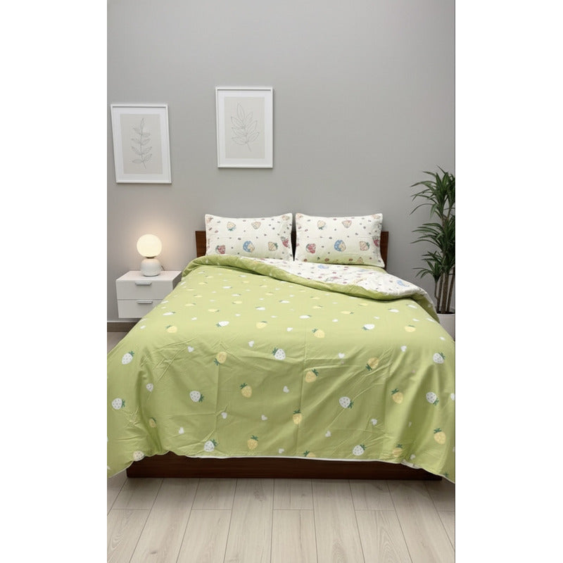 Edredón Premium Duvet Dos Vistas Matri Con Relleno Incluido Beige Conejito Capullo Fresas Algodón Alta Densidad