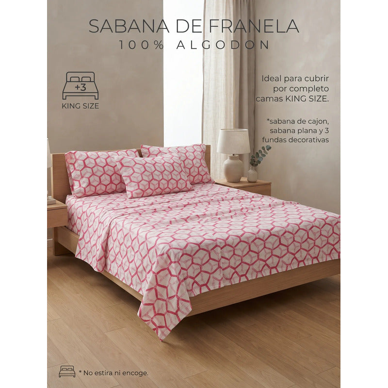 Juego De Sabanas Franela Mariol 100% Algodón King Size Rosa Rombo Rosa