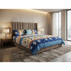 Edredon King Size Doble Vista +3 Cojines Decorativos Algodón Azul Laberinto Floreado