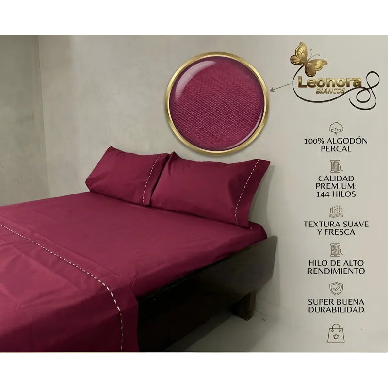 Juego De Sábanas Matrimonial Algodón Percal 144 Hilos-fresca Bordó Lisa Suave Y Transpirable De Calidad Premium