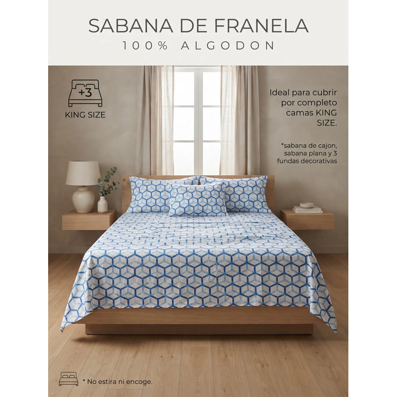 Juego De Sabanas Franela Mariol 100% Algodón King Size Azul Claro Rombo Azul