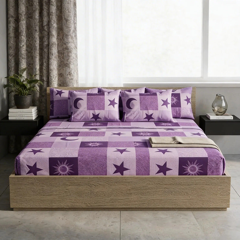 Sábana King  Bramante Cajón Amplio 100% Algodón Super Suave Lila Soles Y Estrellas Morada