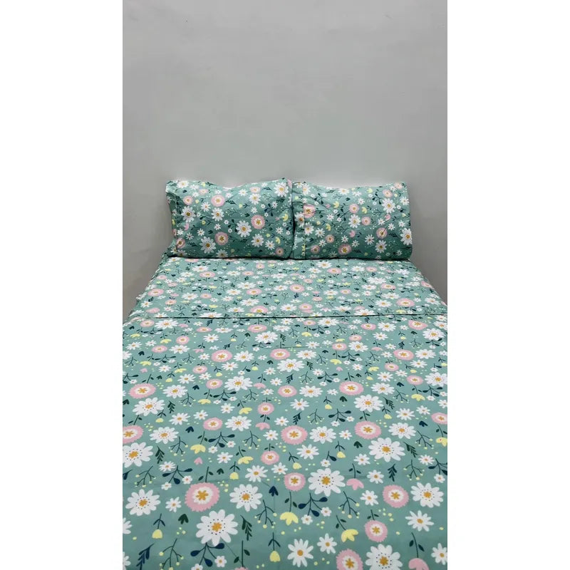 Juego De Sabana Matrimonial Leonora Tacto Suave Y Fresco Azul Petróleo Jardín Menta