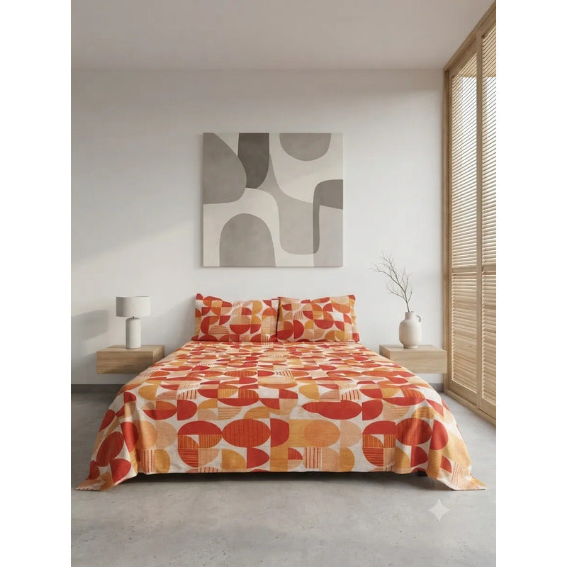 Juego De Sabanas Franela Mariol 100% Algodón Matrimonial Naranja Circular Naranja