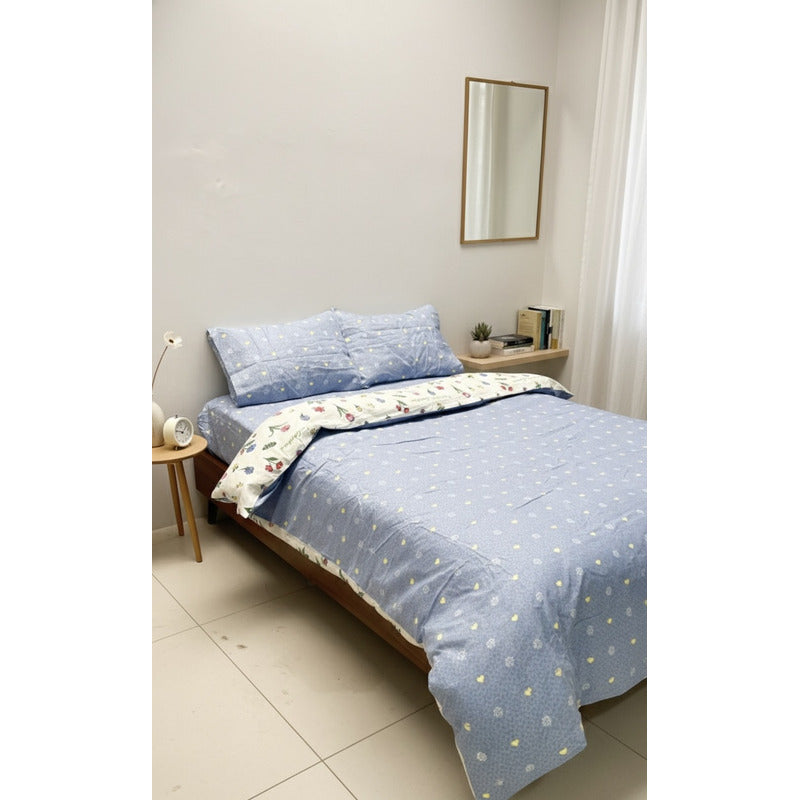 Edredón Premium Duvet Dos Vistas Matri Con Relleno Incluido Azul Tulipán Corazones Algodón Alta Densidad