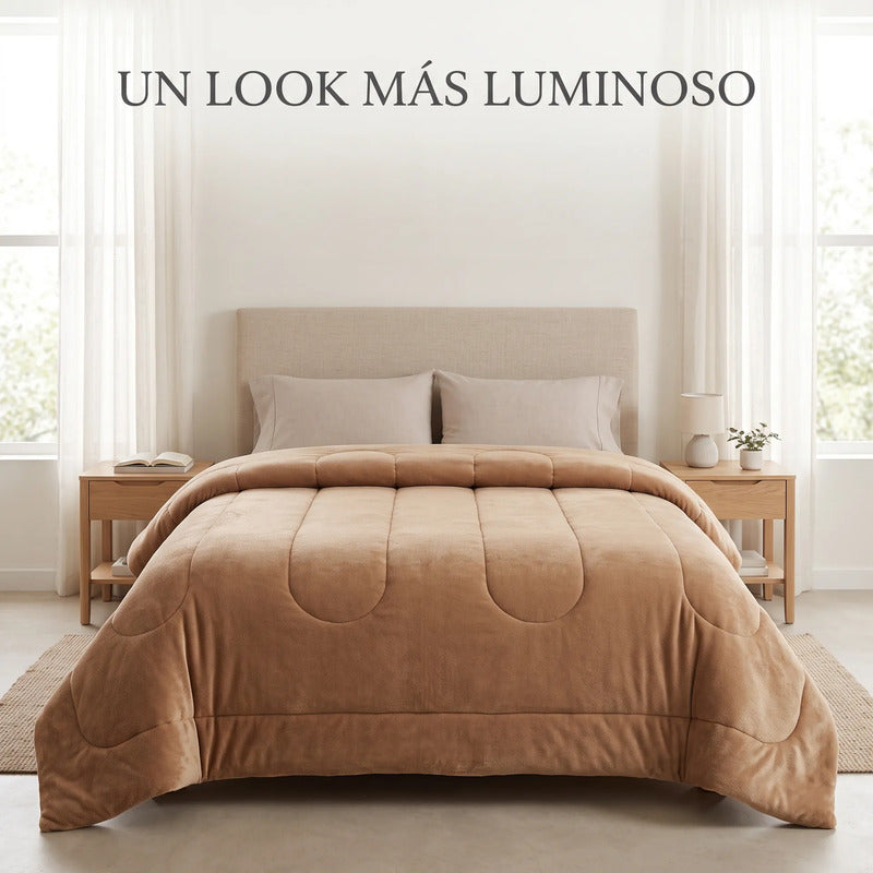 Edredón Matrimonial Acolchado Doble Vista Textura Térmica Marrón Claro Piel De Conejo