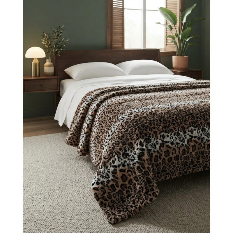 Cobertor Borrega Amanecer | Matrimonial, Suave Y Acolchado Piel Leopardo Dorado Oscuro