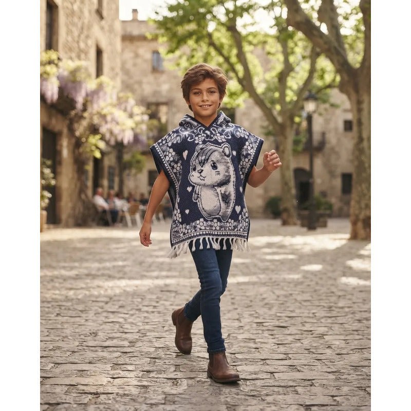 Jorongo Poncho Gaban Afelpado Infantil Artesanal Con Capucha Azul Capibara 60x50