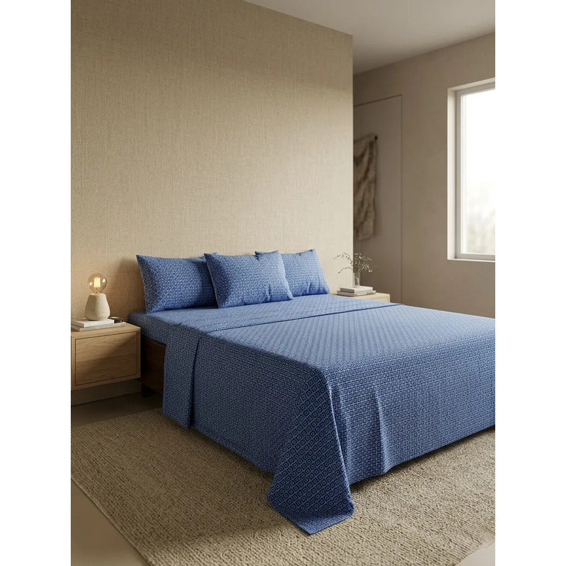 Sábana King  Bramante Cajón Amplio 100% Algodón Super Suave Azul Acero Cuadro Espiral Azul