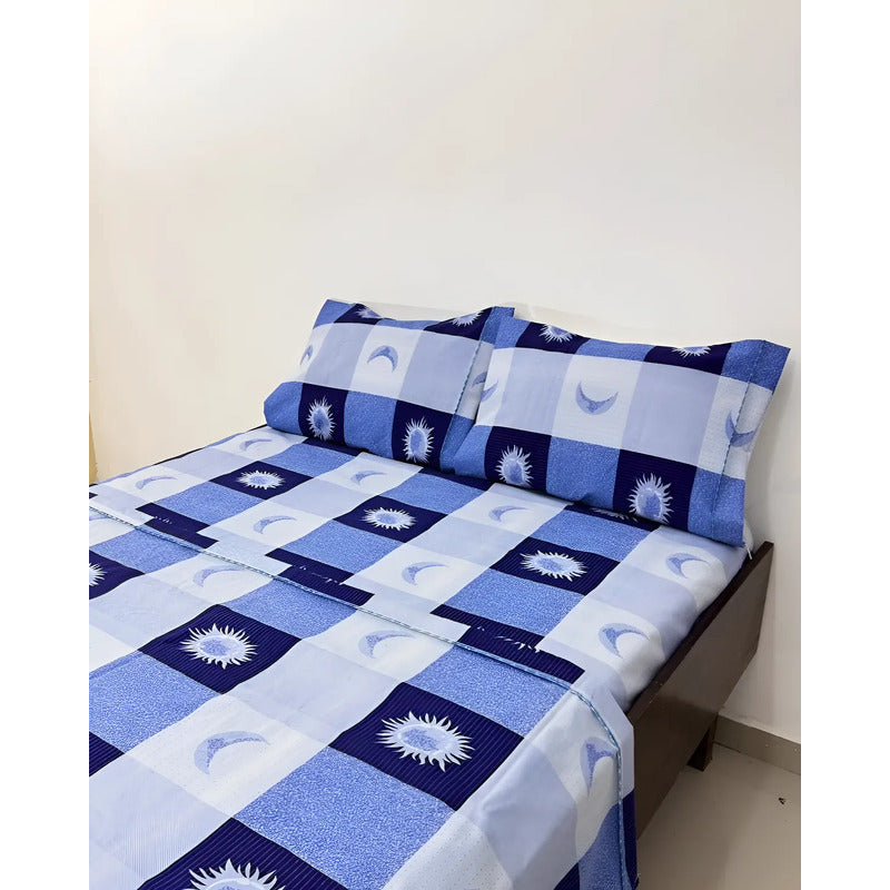 Juego De Sabana Matrimonial 100% Algodón Suaves Y Frescas Azul Soles Y Lunas Azul