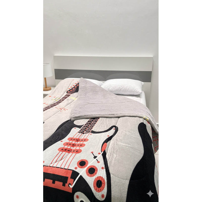 Cobertor Borrega Amanecer | Matrimonial, Suave Y Acolchado Notas Musicales Gris