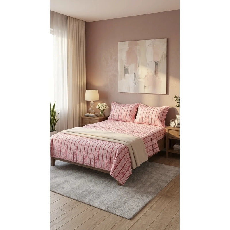 Juego De Sabanas Franela Mariol 100% Algodón Matrimonial Rosa Diente De Leon Rosa