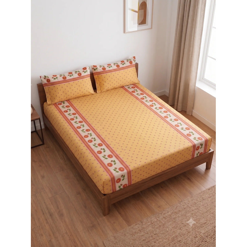 Sábana De Cajón Matrimonial +2 Fundas De Almohada Algodón Naranja Claro Mini Flor Naranja