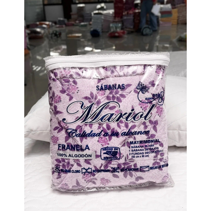 Juego De Sabanas Franela Mariol 100% Algodón Matrimonial Lila Floresta Lila