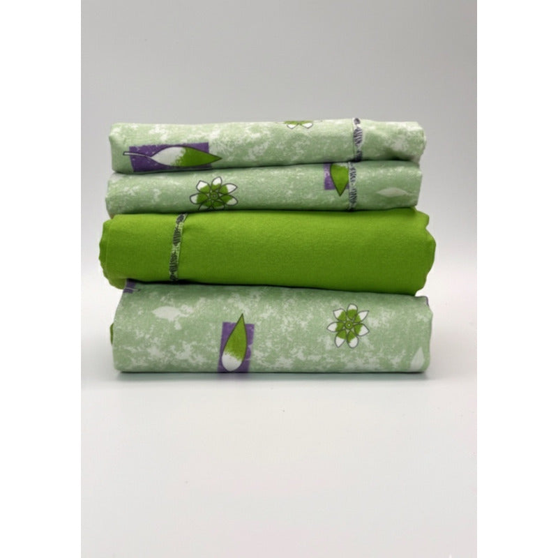 Juego De Sábanas Matrimonial Leonora Franela Planchada 2mts Verde Claro Hojas Verdes