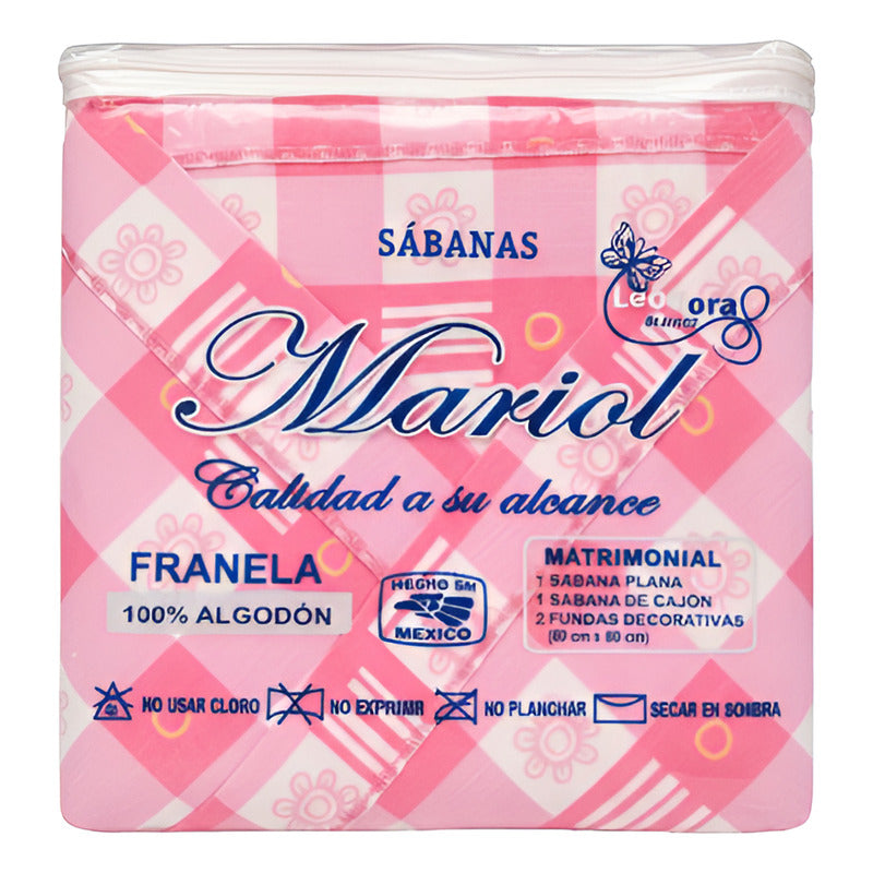 Juego De Sabanas Franela Mariol 100% Algodón Matrimonial Rosa Cuadro Flor Rosa