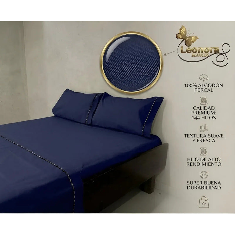 Juego De Sábanas Matrimonial Algodón Percal 144 Hilos-fresca Azul Oscuro Lisa Suave Y Transpirable De Calidad Premium