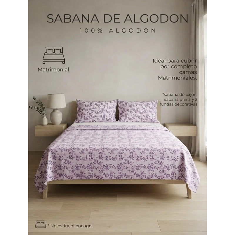 Juego De Sabana Matrimonial 100% Algodón Suaves Y Frescas Lavanda Floresta Morada
