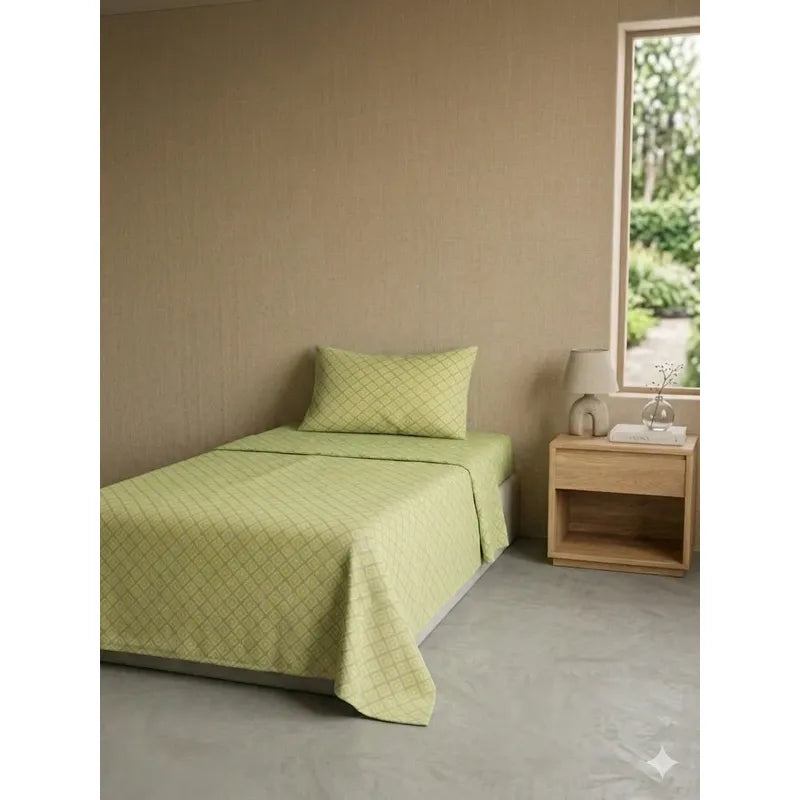 Juego De Sábana Mariol Individual 100% Algodón Premium Verde Lima Cuadro Espiral Verde