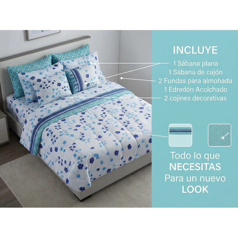 Set 6pzas Edredón Matrimonial Acolchado + Juego De Sabanas Celeste Floral Índigo