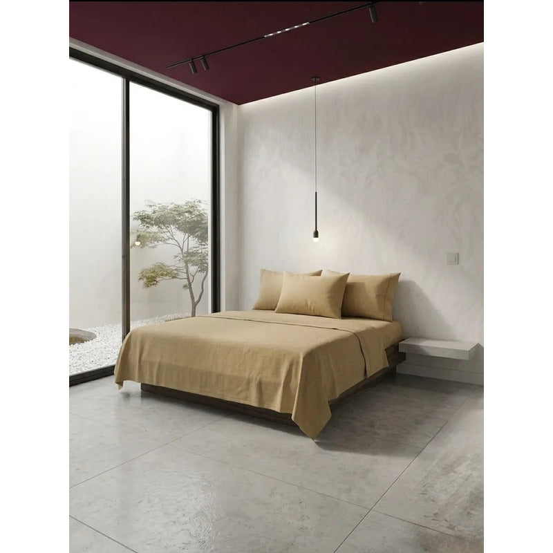 Juego De Sabanas King Size Leonora Percal Algodón 144h Lisas Beige Beige Claro