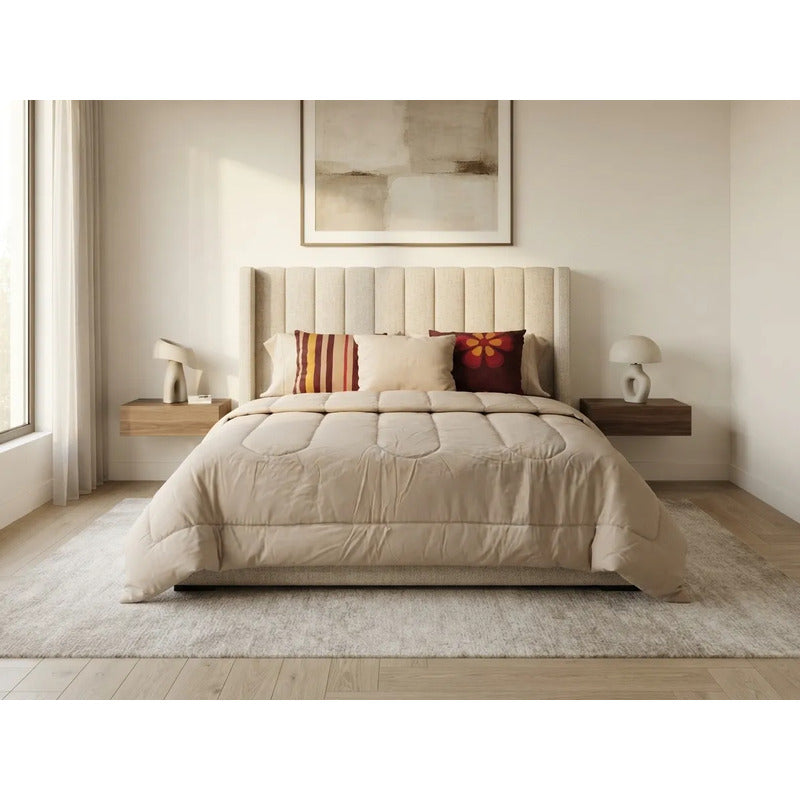 Edredon King Size Doble Vista +3 Cojines Decorativos Algodón Beige/vino Margarita Y Cuadro
