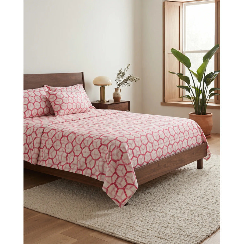 Juego De Sabanas Franela Mariol 100% Algodón King Size Rosa Rombo Rosa