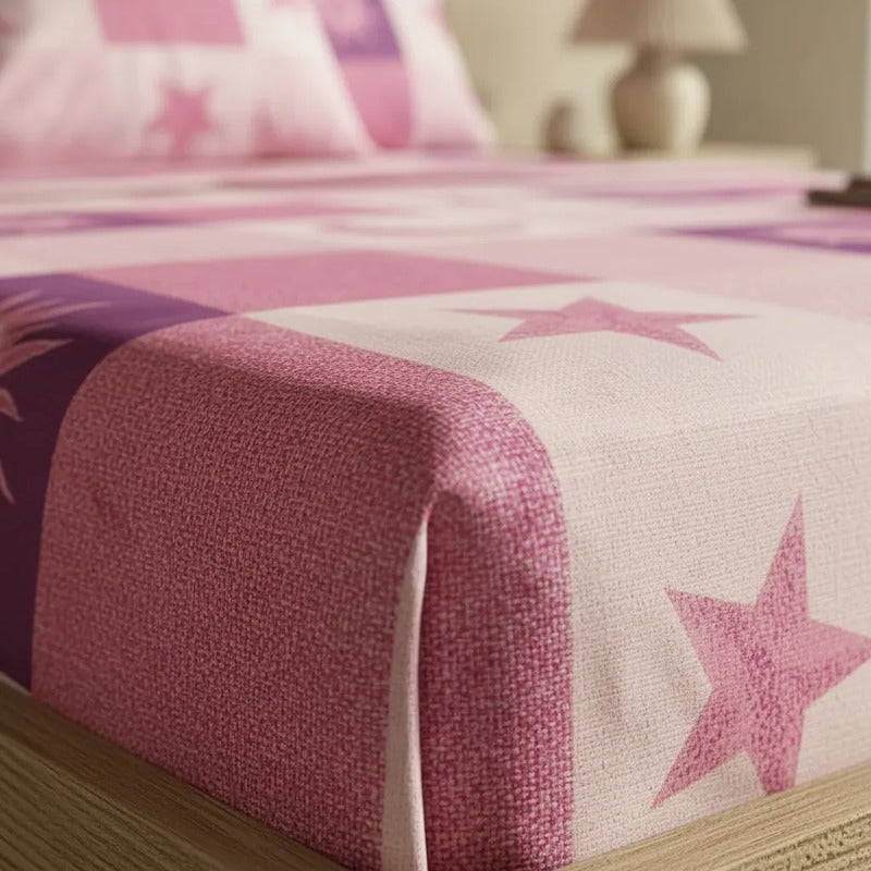 Sábana King  Bramante Cajón Amplio 100% Algodón Super Suave Rosa Soles Y Estrellas