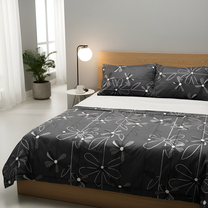 Juego De Sabanas 6 Piezas Tacto Bambu Premium Quality Negro Flor Negra