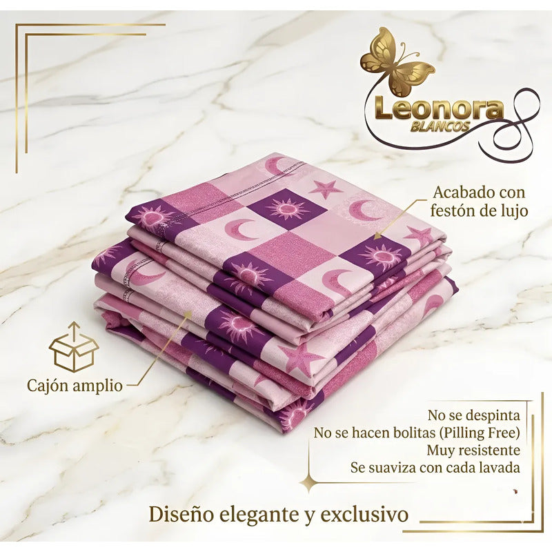 Sábana King  Bramante Cajón Amplio 100% Algodón Super Suave Rosa Soles Y Estrellas
