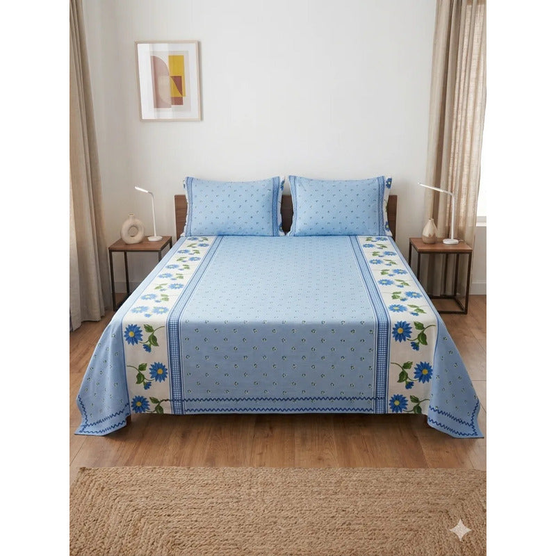 Juego De Sabana Matrimonial 100% Algodón Suaves Y Frescas Azul Acero Mini Flor Azul