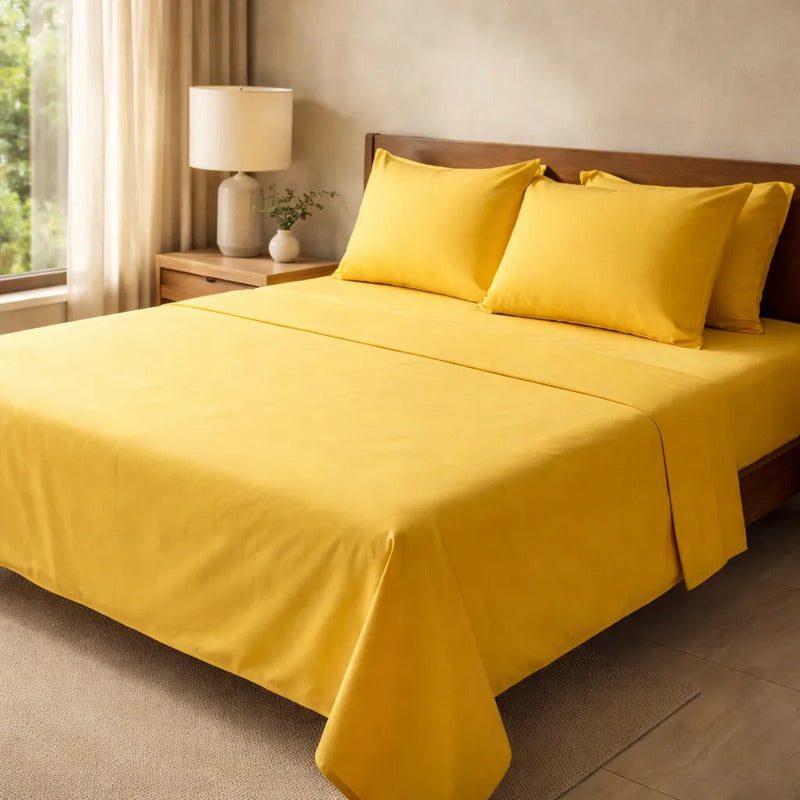 Juego De Sabanas King Size Leonora Percal Algodón 144h Lisas Amarillo Amarillo Liso