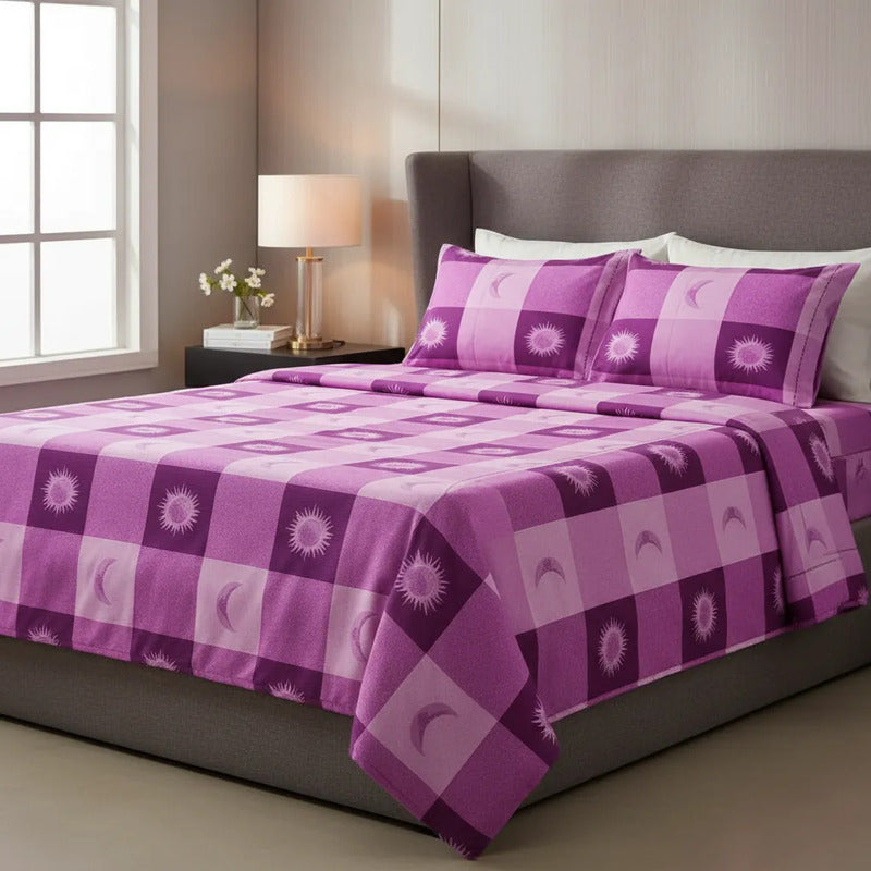 Juego De Sabana Matrimonial 100% Algodón Suaves Y Frescas Violeta Soles Y Lunas Morado