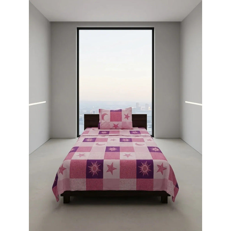 Juego De Sábana Bramante Individual Amanecer 100% Algodón Rosa Sol Y Estrella Rosa
