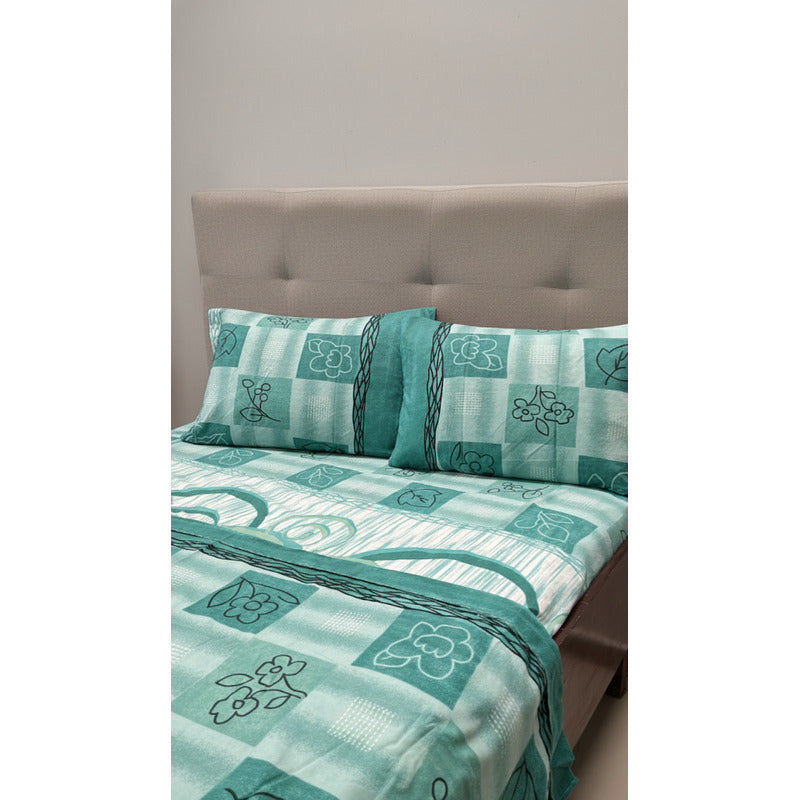Juego De Sábanas Matrimonial Leonora Franela Planchada 2mts Azul Petróleo Cuadro Flor
