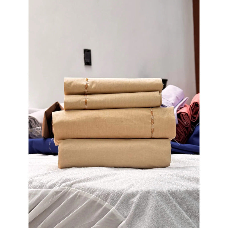 Juego De Sabanas King Size Leonora Percal Algodón 144h Lisas Beige Beige Claro