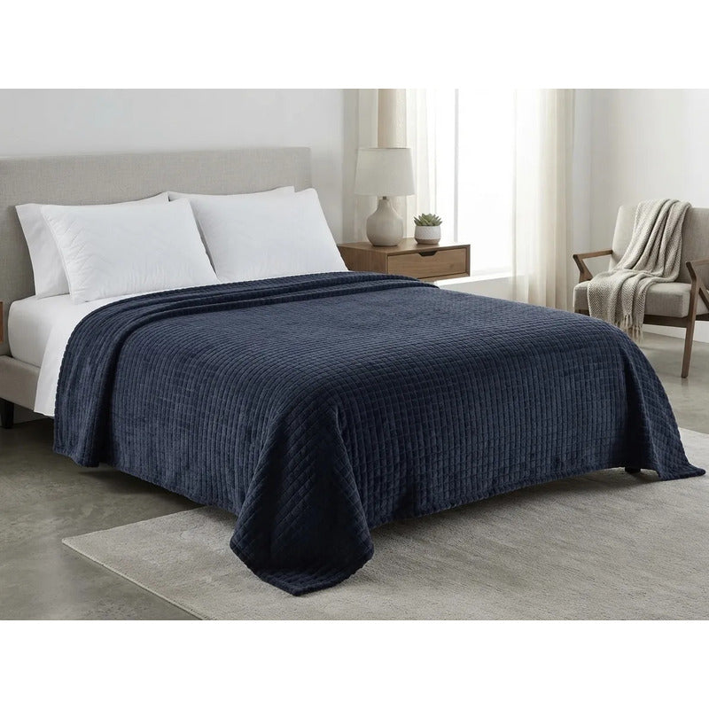 Cobertor Frazada Matrimonial Ligera Super Suave Y Calientita Cuadros 700 G Azul Oscuro