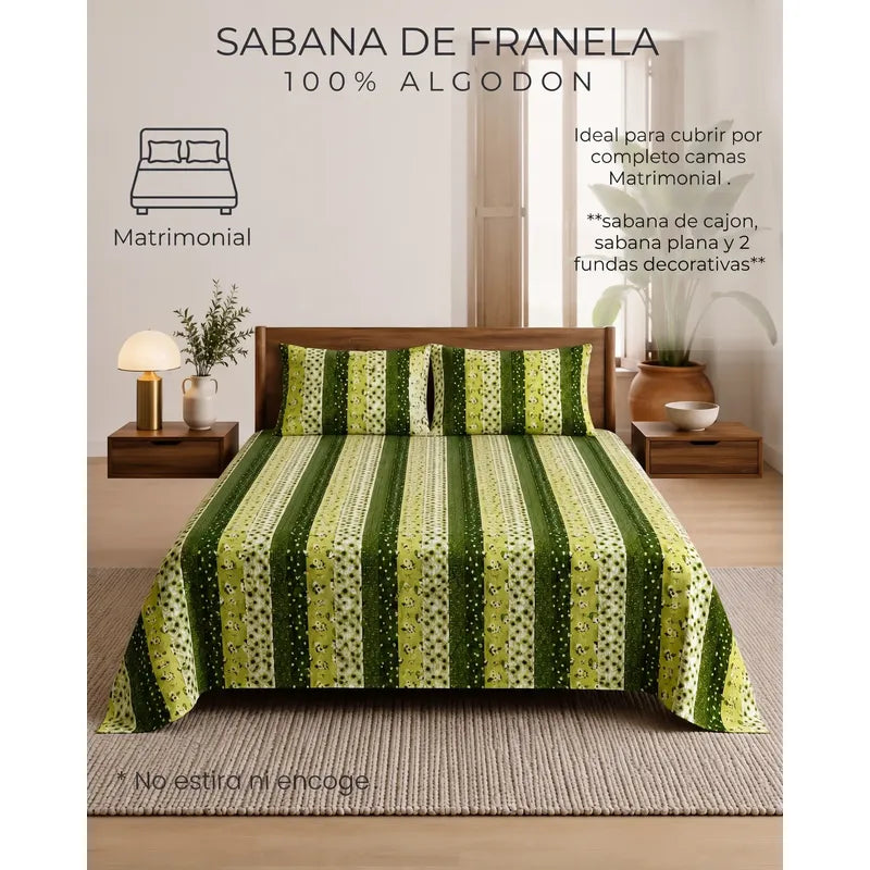 Juego De Sabanas Franela Mariol 100% Algodón Matrimonial Verde Franja Silvestre