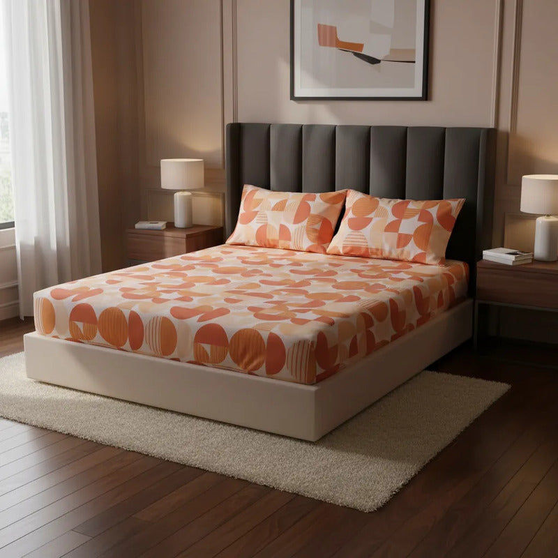 Sábana De Cajón Matrimonial +2 Fundas De Almohada Algodón Naranja Circular Naranja