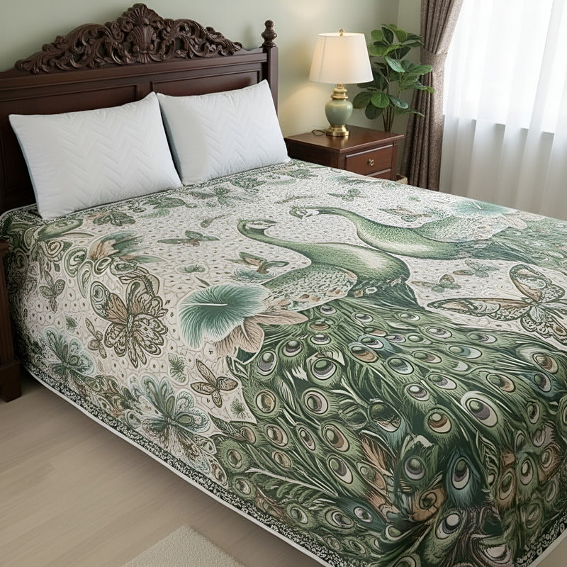 Colcha De Hilo Jacquard Leonora Premium Matrimonial Amplia Verde Oscuro Pavorreal Verde