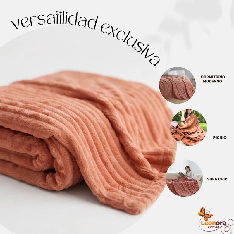 Cobertor Frazada Matrimonial Ligera Super Suave Y Calientita Rayado 700 G Coral Claro / Melón