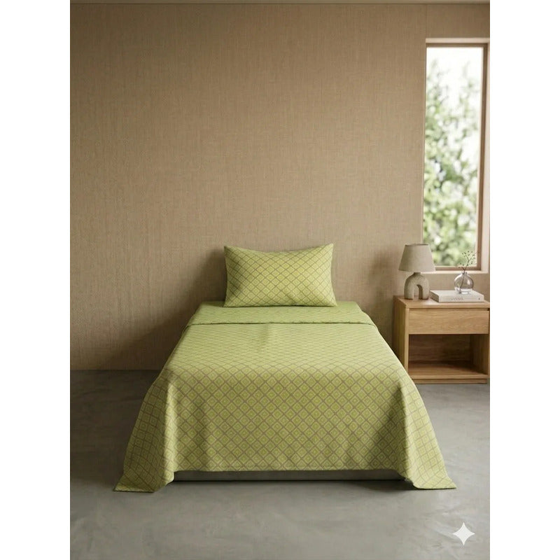 Juego De Sábana Mariol Individual 100% Algodón Premium Verde Lima Cuadro Espiral Verde